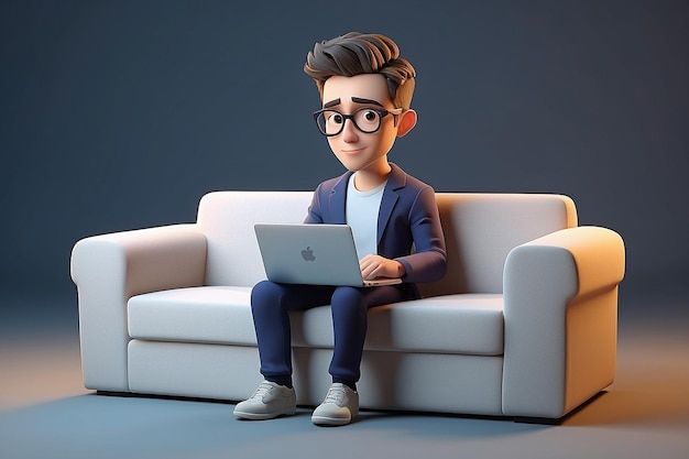 3d male character get an idea while sitting on a sofa and working on a laptop _ Premium AI-generated image